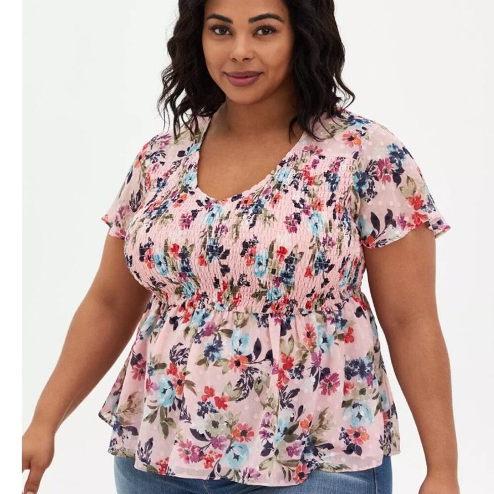 Floral Smocked Peplum Blouse - Pink